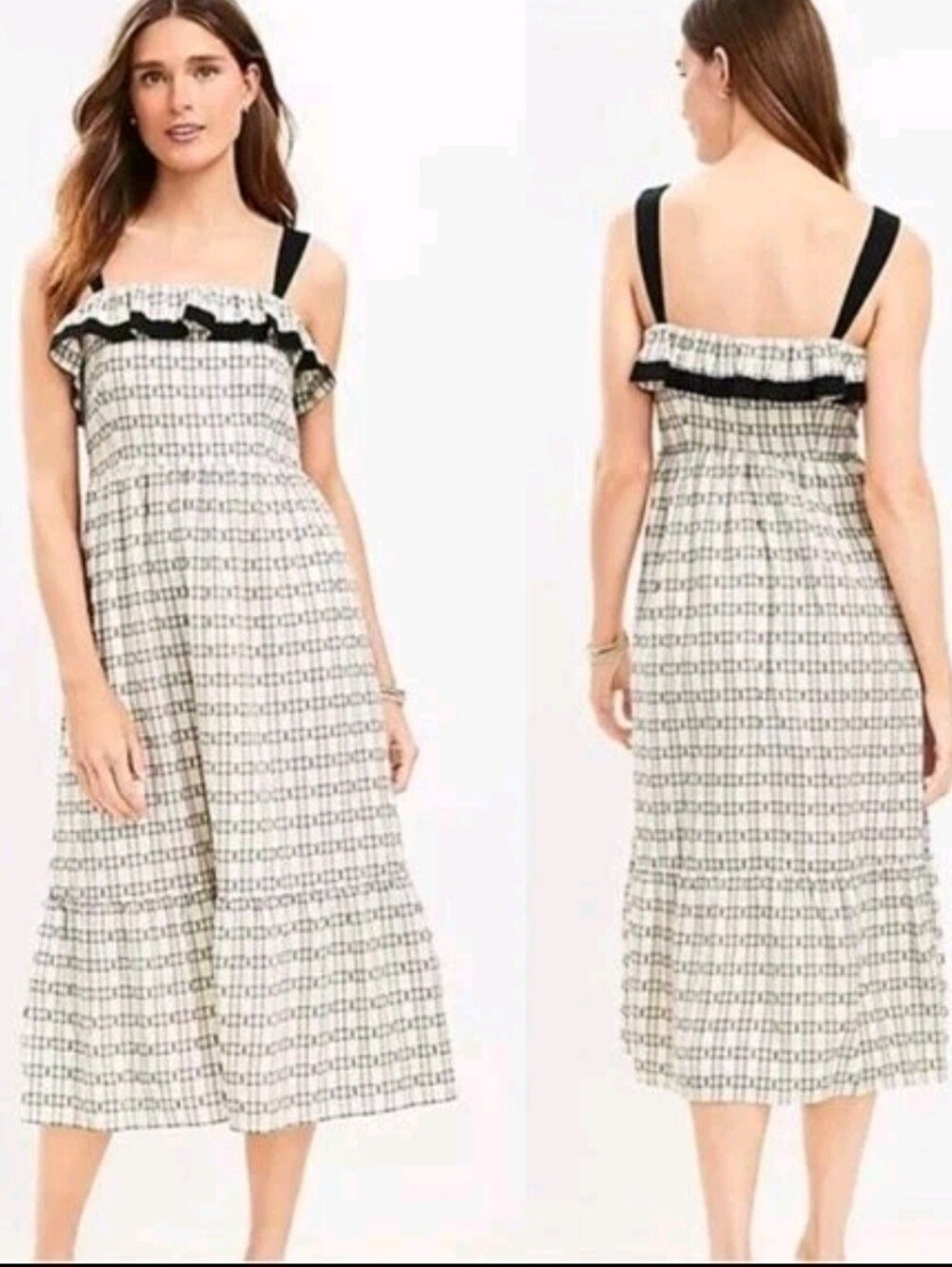 LOFT Plaid Ruffle Midi Dress Size 14 Cotton Textured Smocked Square Neck Black C